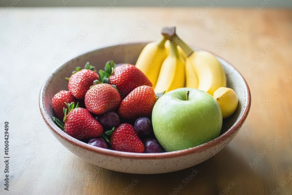 A bowl of fresh fruit, including bright red strawberries, yellow bananas, green apples, and purple grapes A bowl of fresh fruit, including bright red strawberries, yellow bananas, green apples, and purple grapes