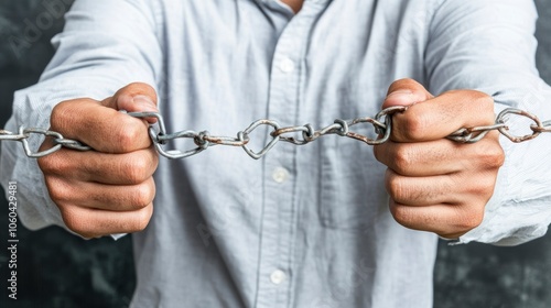 Man Holding a Chain in His Hands, Symbol of Limitation or Restriction