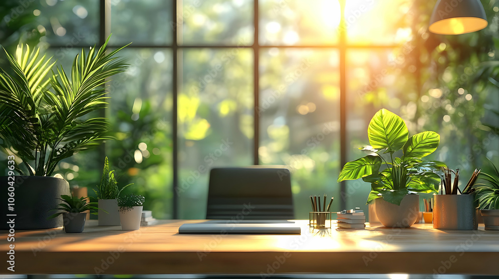 Office Desk with Plants and Sunlight - Illustration Office Desk with Plants and Sunlight - Illustration