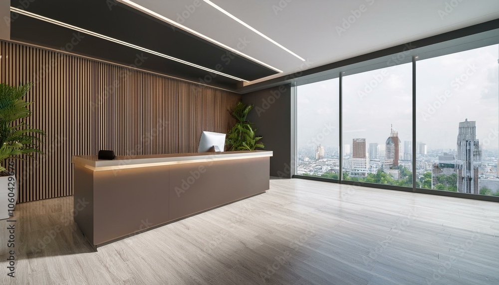 Fototapeta premium Modern concrete and hardwood office interior with reception desk and window with city view. Office lobby and waiting area concept. 3D Rendering.