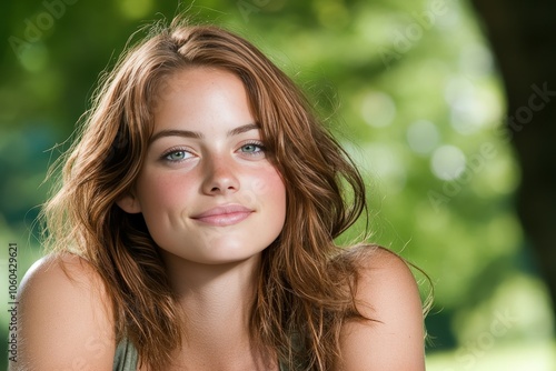 A beautiful girl in a flannel shirt, jeans, and white t-shirt smiles in front of a wooden wall. Beautiful simple AI generated image