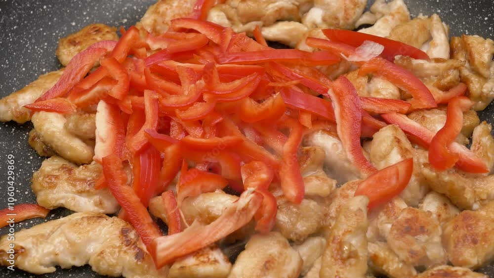 Straps of chicken fillet and think straps of red pepper are roasting on a frying pan