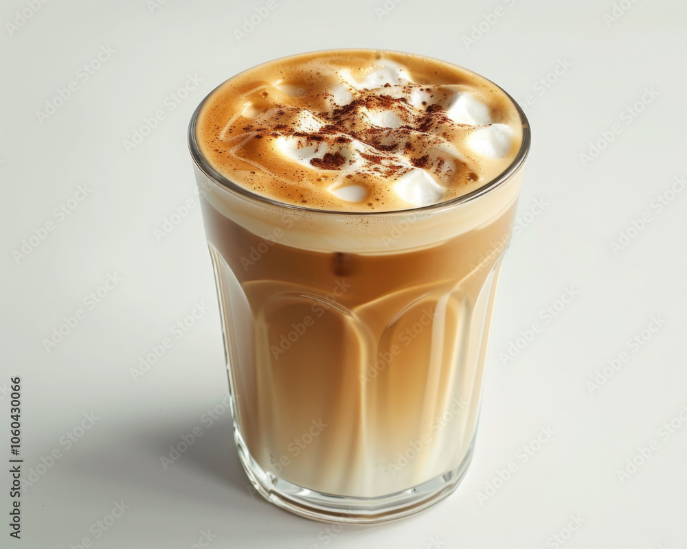 full cup of cold latte with creamy texture and sprinkle of cocoa on top, perfect for refreshing drink. Enjoy delightful layers of coffee and milk! full cup of cold latte with creamy texture and sprinkle of cocoa on top, perfect for refreshing drink. Enjoy delightful layers of coffee and milk!