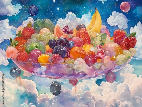 A bowl of fresh fruit floating in the clouds with a starry sky background. photo