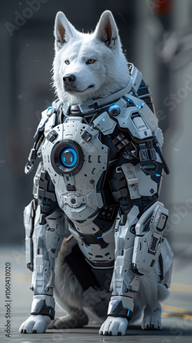 futuristic version of Korean Jindo dog, featuring advanced robotic armor and sleek design. This unique blend of technology and nature evokes sense of innovation and loyalty photo