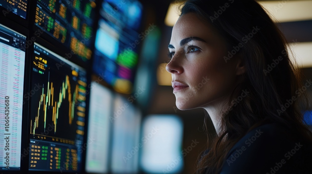 Woman Analyzing Stock Data on Screens Woman Analyzing Stock Data on Screens