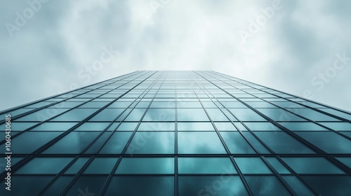 Low-Angle View of Minimalistic Office Building with Glass Facade Under Cloudy Sky, Captured in High Resolution