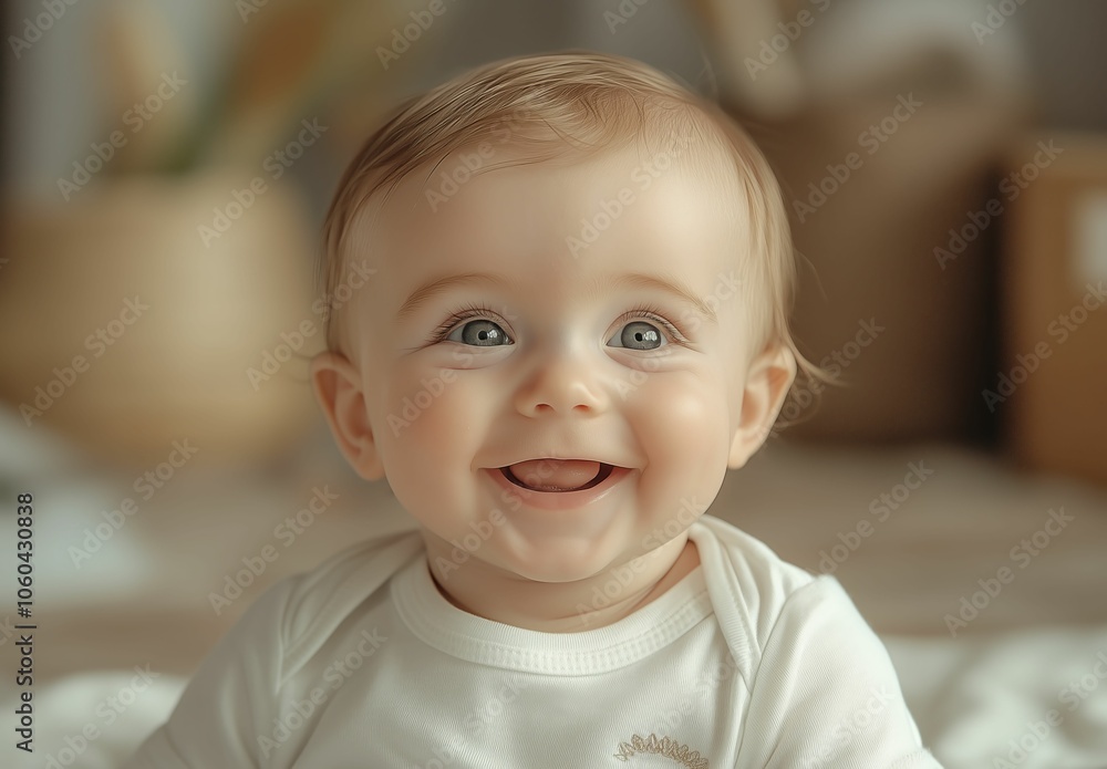 Happy Baby with Bright Eyes and Wide Smile in Warm Indoor Setting Happy Baby with Bright Eyes and Wide Smile in Warm Indoor Setting