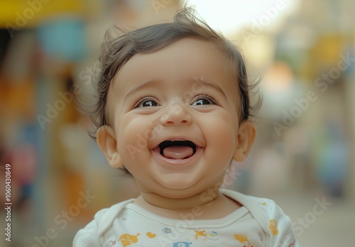 Baby with Big Smile Outdoors in a Vibrant Urban Setting