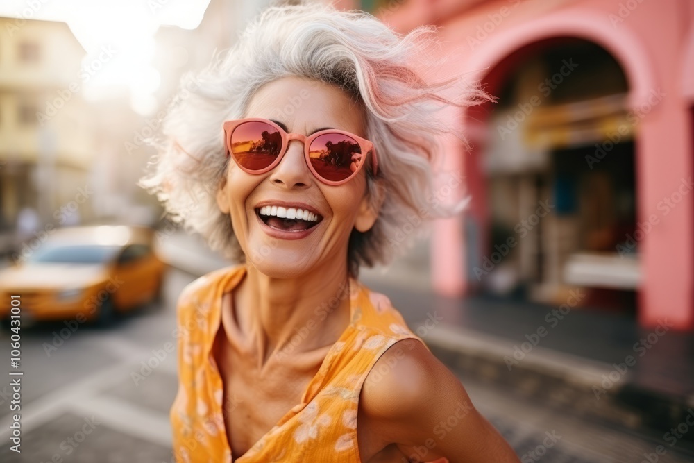 Closeup portrait of a happy mature woman in sunglasses on the street Closeup portrait of a happy mature woman in sunglasses on the street