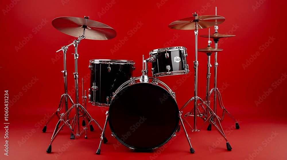 Drum set on a red background Smooth Blue Background with Copy Space for Advertisements Drum set on a red background Smooth Blue Background with Copy Space for Advertisements