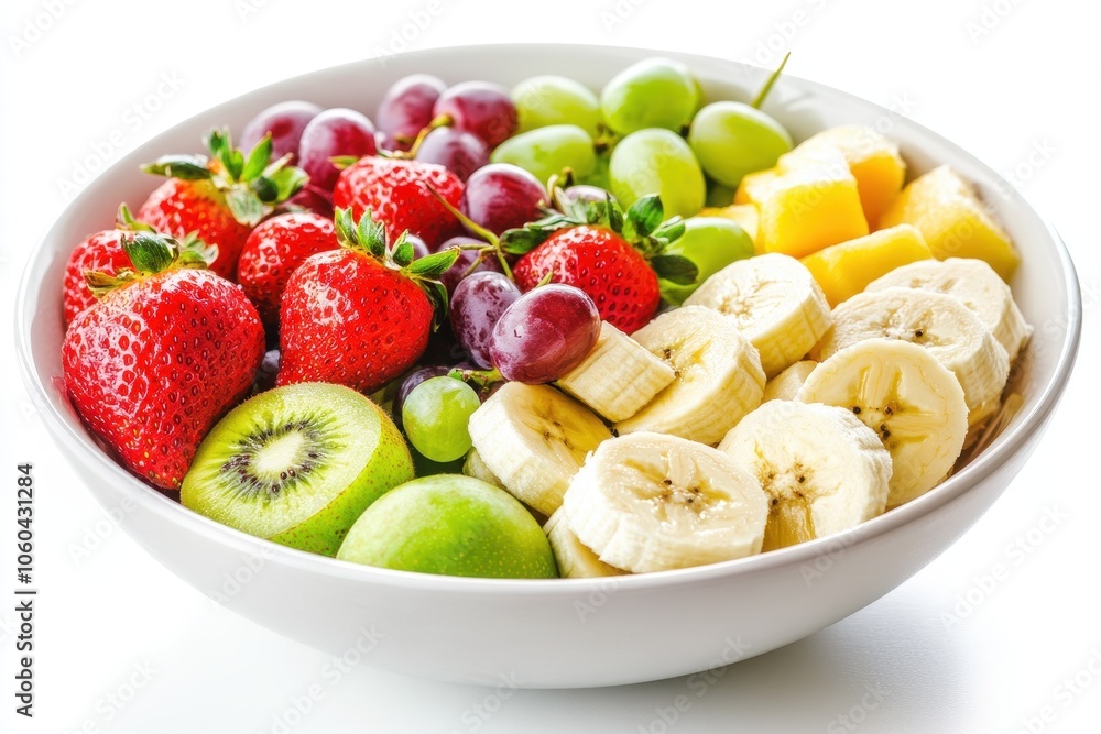A bowl of fresh fruit, including bright red strawberries, yellow bananas, green apples, and purple grapes A bowl of fresh fruit, including bright red strawberries, yellow bananas, green apples, and purple grapes