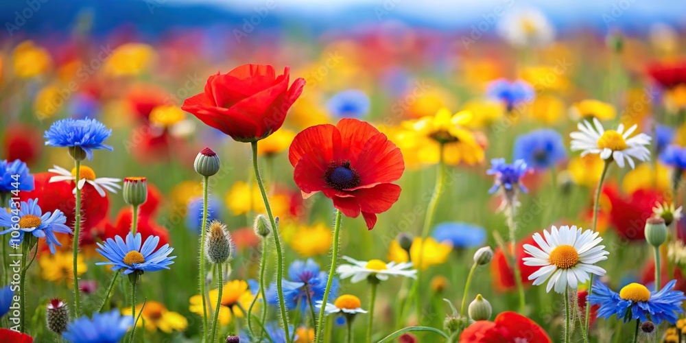 A beautiful patch of colorful wildflowers including red poppies, blue cornflowers, and yellow daisies growing in a field on a sunny day, garden flowers, wildflowers, botanicals, blue cornflower A beautiful patch of colorful wildflowers including red poppies, blue cornflowers, and yellow daisies growing in a field on a sunny day, garden flowers, wildflowers, botanicals, blue cornflower