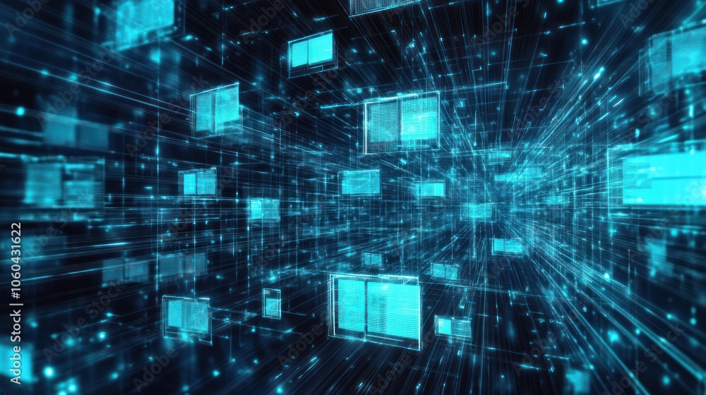 Abstract network grid with icons of files and folders floating in a virtual space symbolizing a digital document storage system, Abstract network grid with icons of files and folders floating in a virtual space symbolizing a digital document storage system,