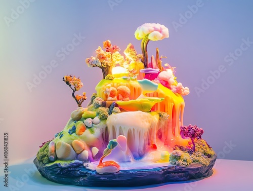 Whimsical miniature landscape with colorful trees, rocks, and a waterfall. photo