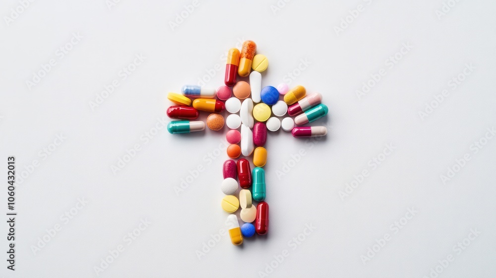 various colored pills arranged in the shape of a cross on a clean white background symbolizing the intersection various colored pills arranged in the shape of a cross on a clean white background symbolizing the intersection