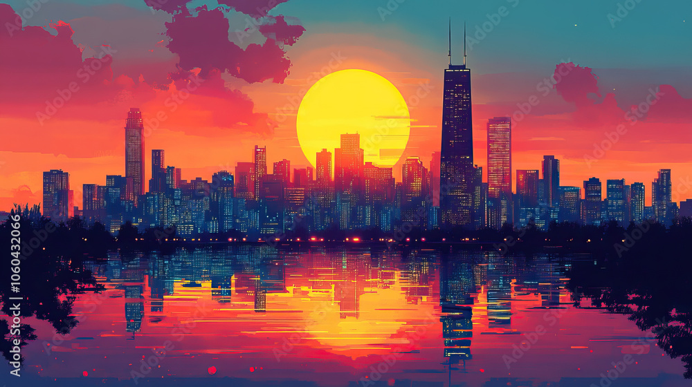 Fototapeta premium Lakewood, USA, Pop Art style theme print. Cityscape, city skyline.Vibrant, bright, modern, trendy, graphic designed for poster, card, wallpaper