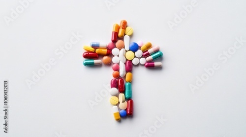 various colored pills arranged in the shape of a cross on a clean white background symbolizing the intersection