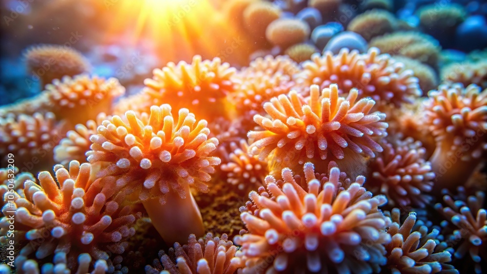 Fototapeta premium A cluster of coral polyps glowing softly in the sunlight, underwater scene, sea creatures