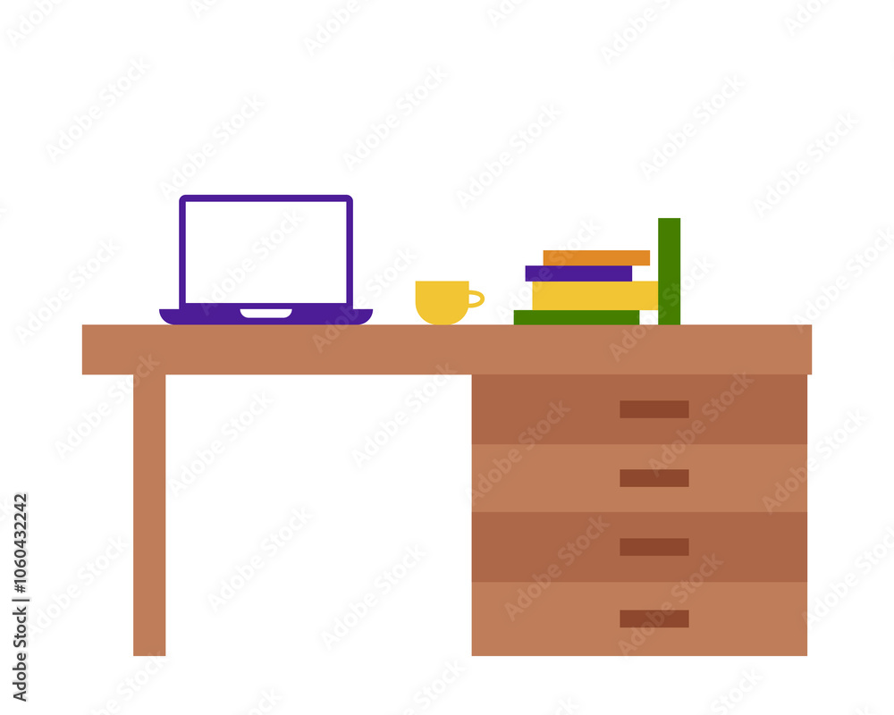 Workplace, table with laptop, books and cup. Vector simple color flat illustration. Workplace, table with laptop, books and cup. Vector simple color flat illustration.