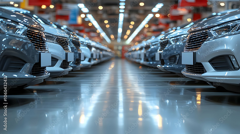 Obraz premium Rows of Cars in Showroom - Realistic Image