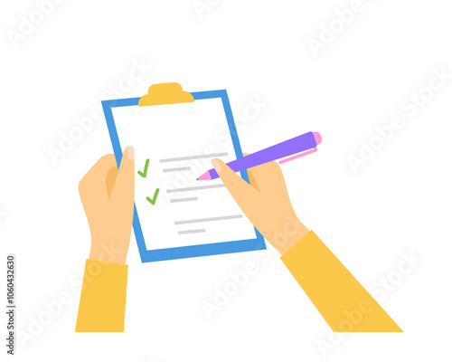 A hand holds a pen and a document. Checklist. Vector simple color flat illustration. 