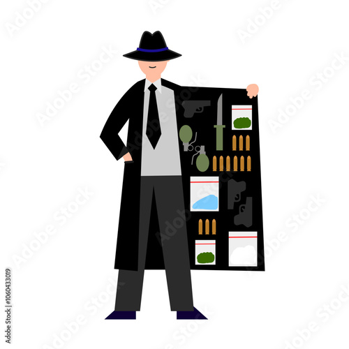 Black market, man with black clothes and weapon and drugs in the coat. Vector simple color flat illustration.