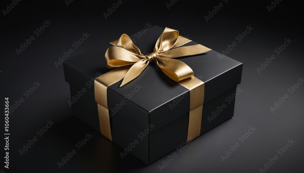 Black gift box with golden ribbon and bow. Minimalist style. Luxury and celebration concept. For banner, card, flyer, poster, advertising, design. Black gift box with golden ribbon and bow. Minimalist style. Luxury and celebration concept. For banner, card, flyer, poster, advertising, design.