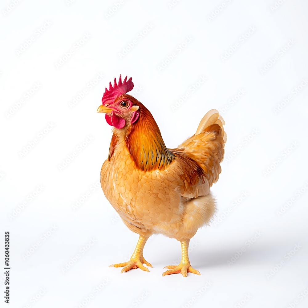 Fototapeta premium A vibrant and colorful rooster stands gracefully against a white background, showcasing its bright feathers and proud demeanor. Perfect for farm and nature themes.