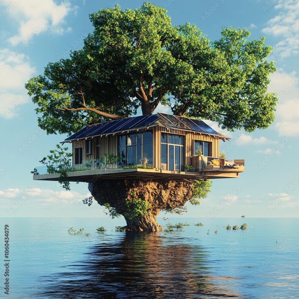 Obraz premium House on a tree in the middle of the sea