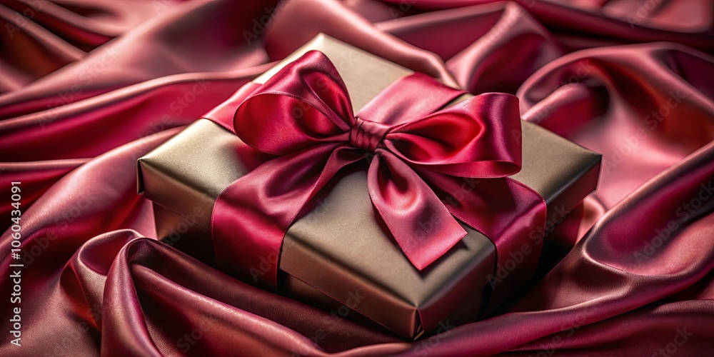 A luxuriously wrapped present with a deep crimson bow lies gracefully on a bed of rich burgundy silk, the perfect symbol of elegance and anticipation. A luxuriously wrapped present with a deep crimson bow lies gracefully on a bed of rich burgundy silk, the perfect symbol of elegance and anticipation.