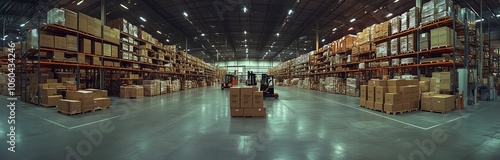 Large industrial warehouse with stacked boxes and pallets - Panoramic view of a large warehouse with stacked boxes and pallets, representing storage and logistics