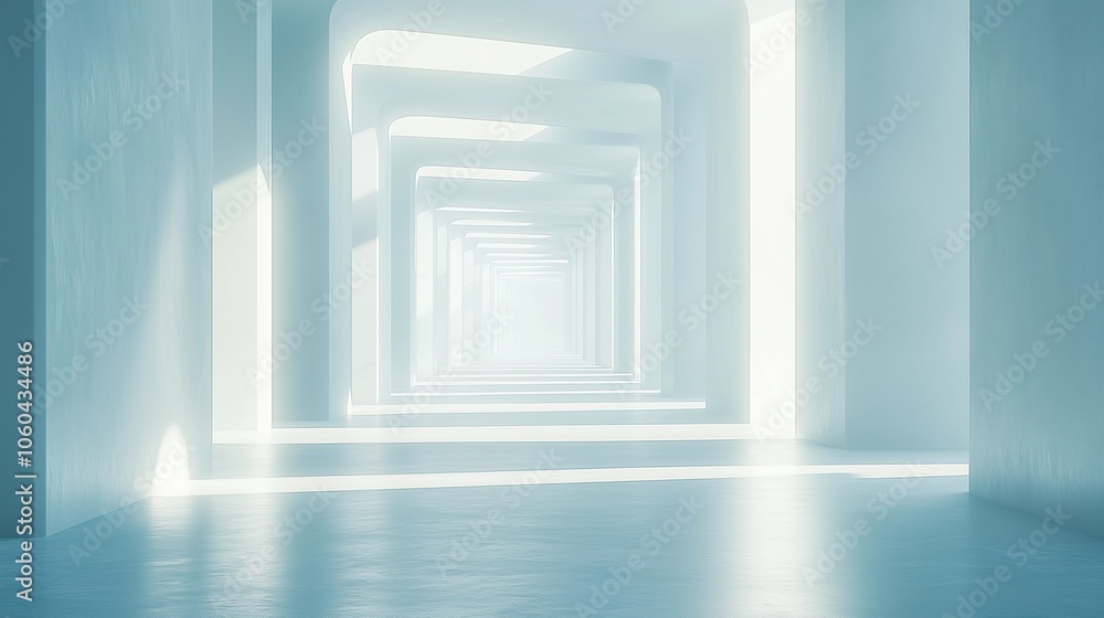 Abstract Futuristic White Room Featuring a Corridor and Light Beams, Representing an Innovative Technology Concept Abstract Futuristic White Room Featuring a Corridor and Light Beams, Representing an Innovative Technology Concept