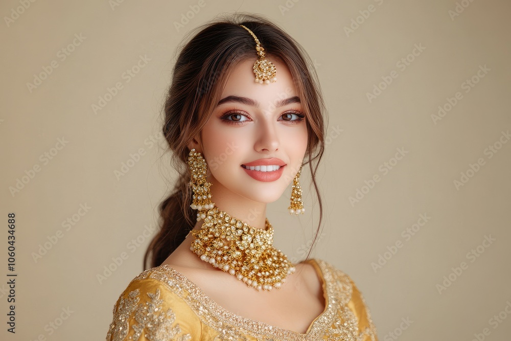 A beautiful young woman with brown hair in an elegant yellow dress, smiling and posing for the camera on an isolated beige background A beautiful young woman with brown hair in an elegant yellow dress, smiling and posing for the camera on an isolated beige background