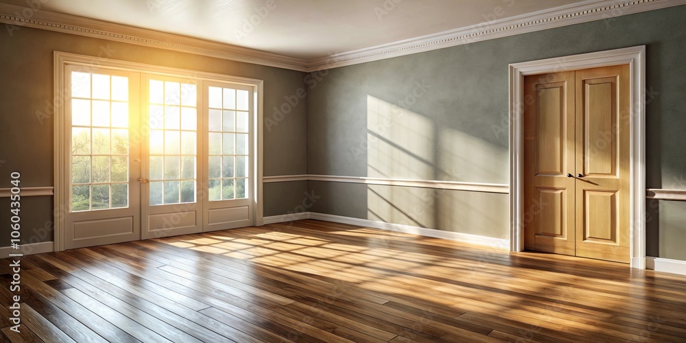 Obraz premium Sunbeams illuminating a room with hardwood floors and a white door leading to an outside view