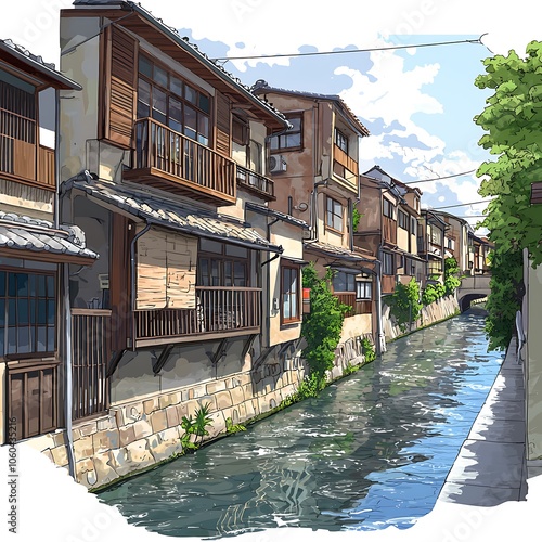 Tranquil Canal Flowing Through a Japanese Village.