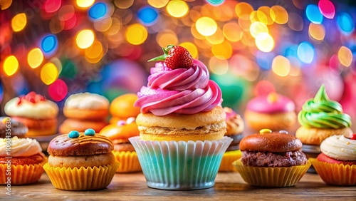 A delightful assortment of frosted cupcakes adorned with colorful sprinkles and a single strawberry, arranged on a wooden table against a backdrop of shimmering lights.