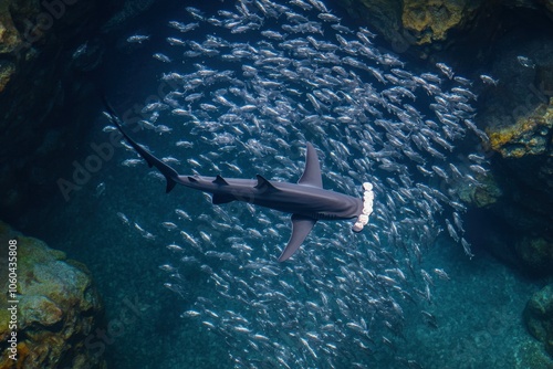 A serene underwater scene featuring a whale and diver in a heart-shaped coral formation.. Beautiful simple AI generated image photo