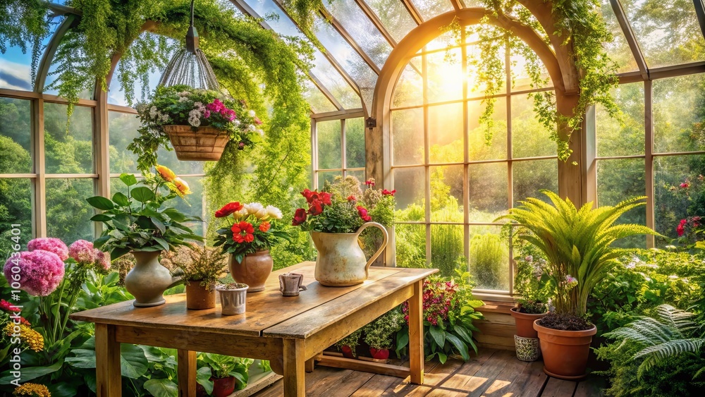Sunlight Streaks Through Glass Walls Illuminating a Tranquil Greenhouse Oasis Filled with Lush Greenery and Blooming Flowers Sunlight Streaks Through Glass Walls Illuminating a Tranquil Greenhouse Oasis Filled with Lush Greenery and Blooming Flowers