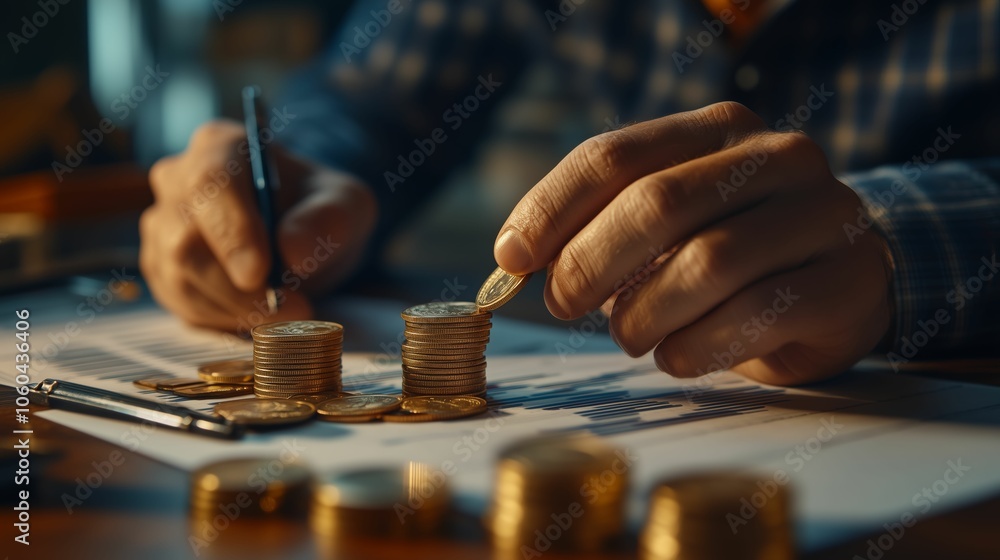 Person Stacking Coins on Financial Documents - Close-up of hands stacking coins on financial documents, symbolizing saving, budgeting, and financial planning. Person Stacking Coins on Financial Documents - Close-up of hands stacking coins on financial documents, symbolizing saving, budgeting, and financial planning.