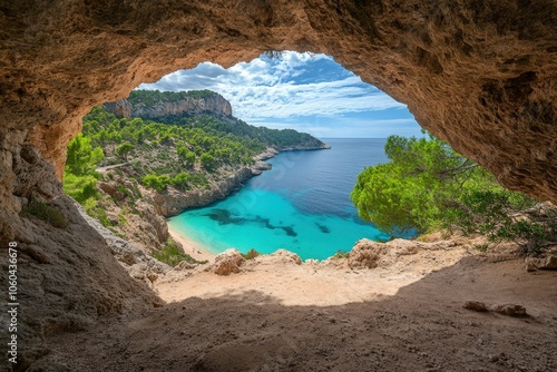 Aerial - calm turquoise water lagoon near ancient cave system, Mallorca. Beautiful simple AI generated image