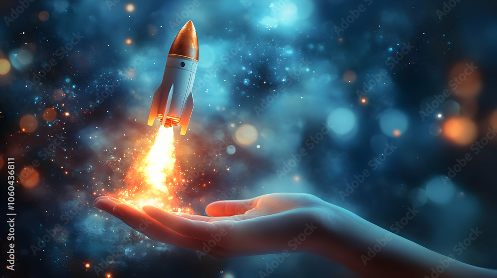 Rocket Launch Illustration with Hand and Bokeh Rocket Launch Illustration with Hand and Bokeh