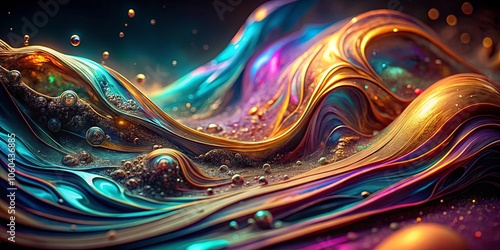 A symphony of shimmering hues, flowing in a dance of liquid gold and swirling blues, creates a mesmerizing abstract landscape.