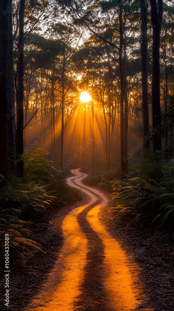 Obraz premium A winding path through a forest at sunset, illuminated by golden rays of light.