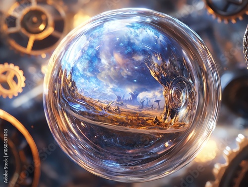 Wallpaper Mural A crystal ball reflecting a surreal landscape with a tree, gears, and a cloudy sky. Torontodigital.ca