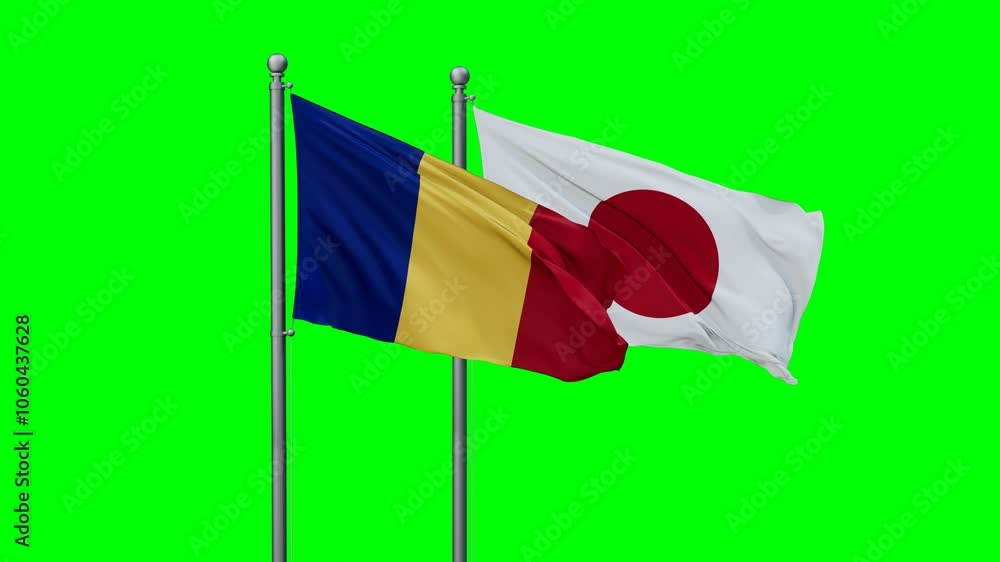 Japan and Romania flags flying together, video concept of the relationship with colored chroma key for easy background remove Japan and Romania flags flying together, video concept of the relationship with colored chroma key for easy background remove