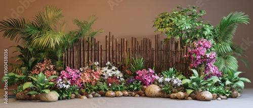 A vibrant display of tropical flowers and lush greenery set against a bamboo backdrop in a tranquil indoor environment photo