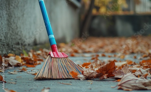 Wallpaper Mural A colorful broom with red, blue, and white stripes is sweeping leaves on the ground Torontodigital.ca