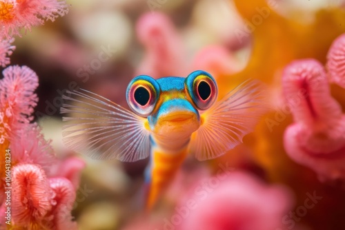 A colorful cluster of three lined back caddisfly larvae is an underwater photograph of the tiny quillfish, resembling a small boar's tusk with vibrant blue and yellow stripes on its body photo