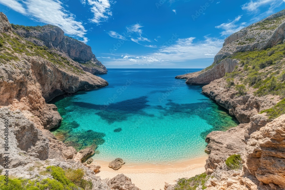 Aerial - calm turquoise water lagoon near ancient cave system, Mallorca. Beautiful simple AI generated image Aerial - calm turquoise water lagoon near ancient cave system, Mallorca. Beautiful simple AI generated image